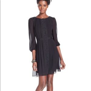 3/4 sleeve Black dress pleated chiffon